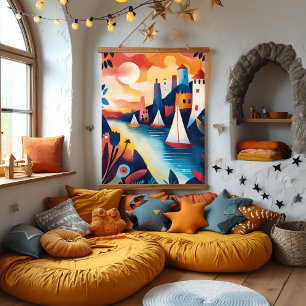 Dreamy Coastal Village Illustration Hanging Tapestry