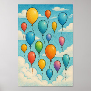 Dreamy Colorful Balloons Clouds Artwork Nursery Poster