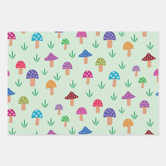 Dreamy colourful mushroom pattern wrapping paper sheet (Front)