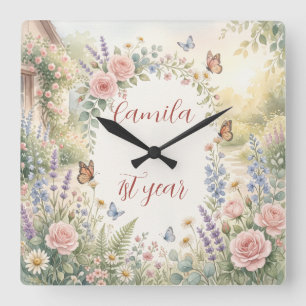 Dreamy Cottagecore Watercolor Florals Customised Square Wall Clock