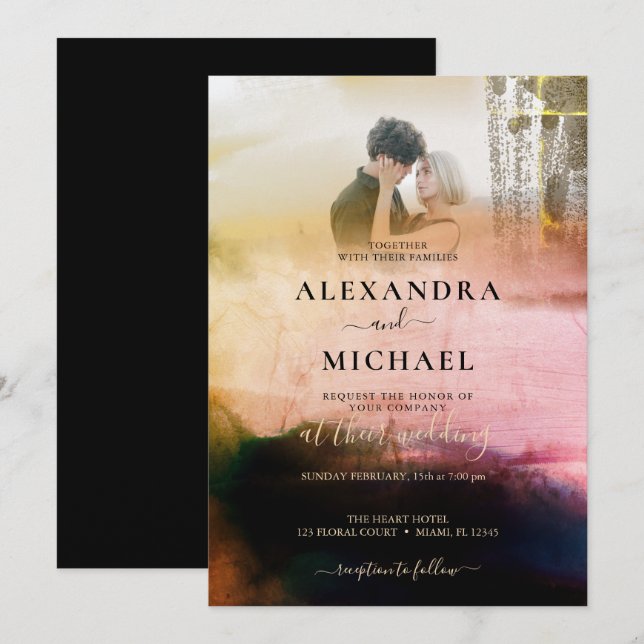 Dreamy Cream Black Abstract Photo Overlay Wedding Invitation (Front/Back)