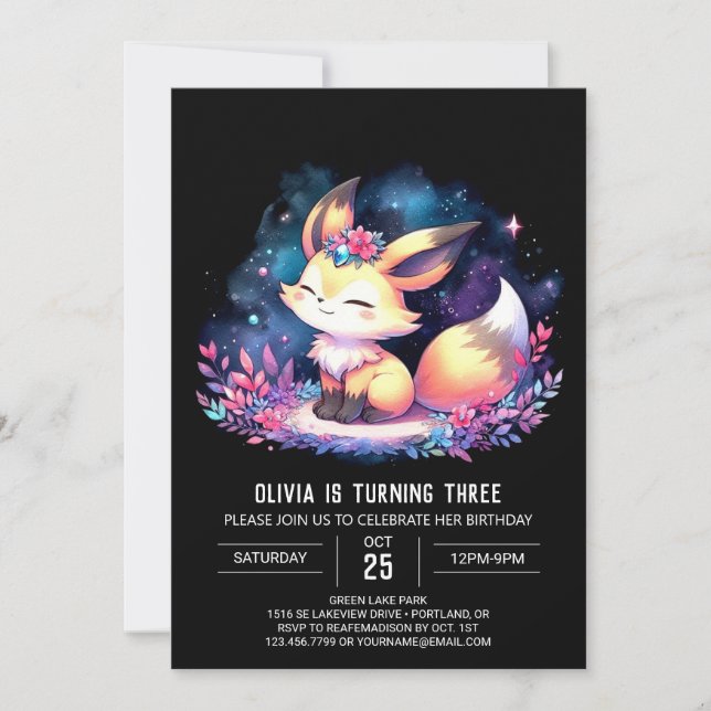 Dreamy Custom Fox Birthday digital Invitation (Front)