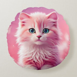Dreamy Cute Fluffy Pink Kitty Cat Round Cushion