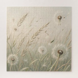 Dreamy Dandelion Seeds Blowing Wind Soft Neutral Jigsaw Puzzle