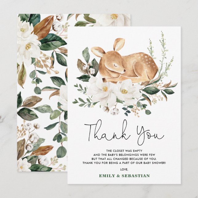 Dreamy Deer White Floral Greenery Wreath Baby Thank You Card (Front/Back)