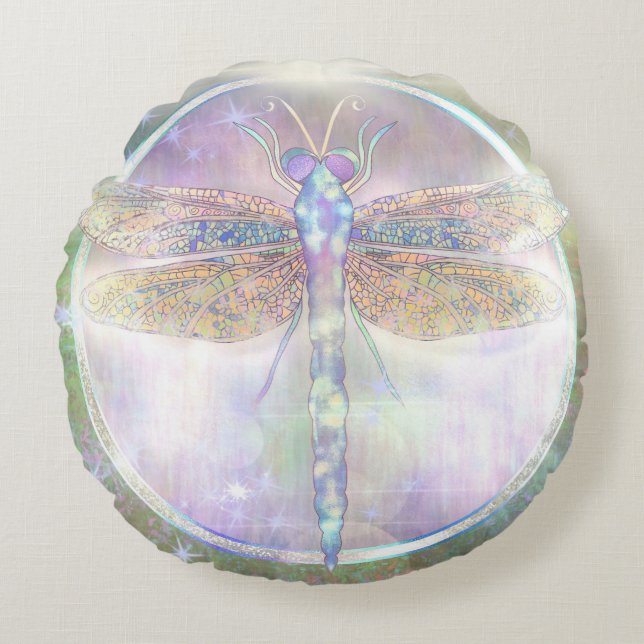 Dreamy Dragonfly “Messenger of Becoming Light” Round Cushion (Front)