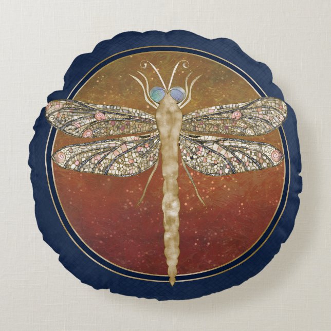 Dreamy Dragonfly “Messenger of Gilded Night” Round Cushion (Front)