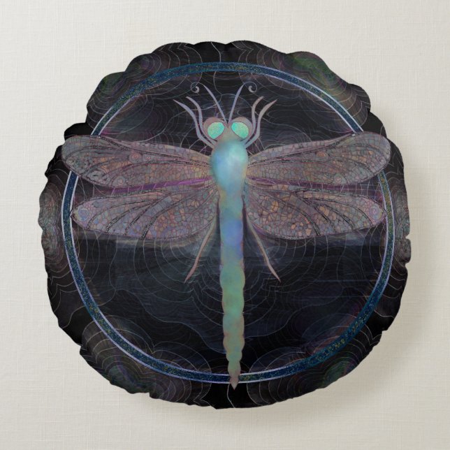 Dreamy Dragonfly “Messenger of Quantum Flight” Round Cushion (Front)