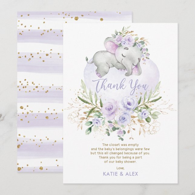 Dreamy Elephant Purple Gold Floral Baby Shower Tha Thank You Card (Front/Back)