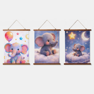 Dreamy elephant watercolour wall hanging trio tapestry