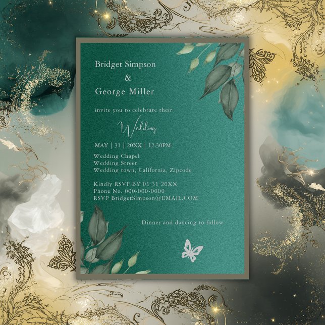 dreamy emerald green glitter foliage wedding invitation (Creator Uploaded)