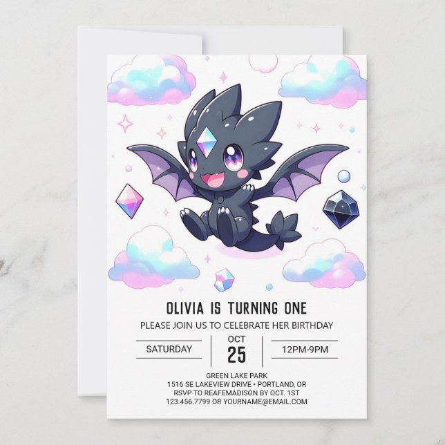 Dreamy Enchanted Dragon 1st Birthday Invitation (Front)