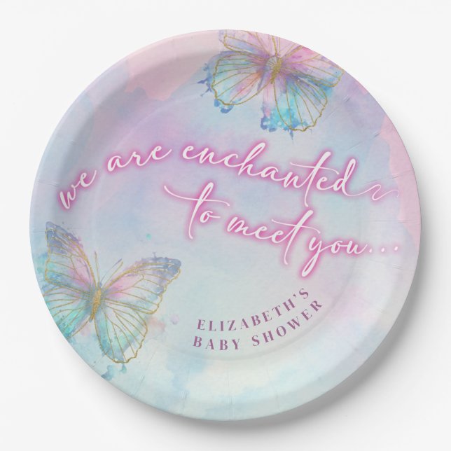 Dreamy Enchanted to Meet You Butterfly Baby Shower Paper Plate (Front)