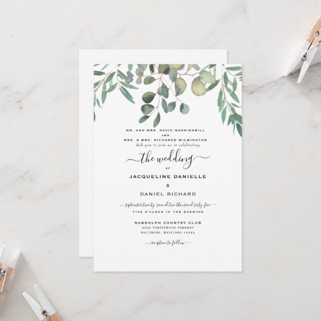 Dreamy Eucalyptus Foliage Both Parents Listed Invitation (Front/Back In Situ)
