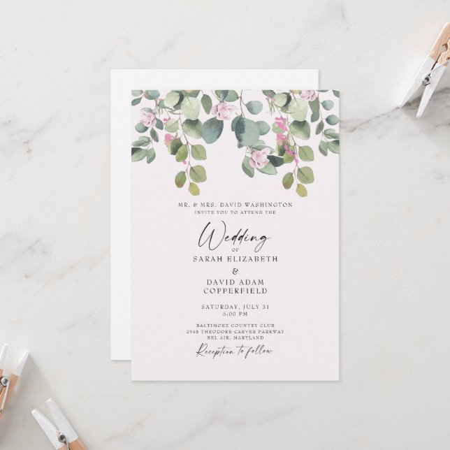 Dreamy Eucalyptus & Pink Rose Wedding Invitation (Front/Back In Situ)