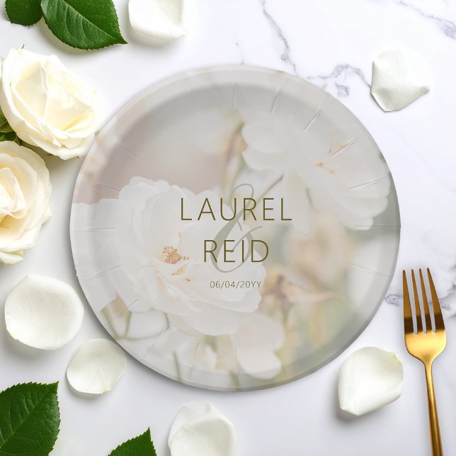 Dreamy Faded White Rose Photo Wedding Couple Names Paper Plate (Creator Uploaded)