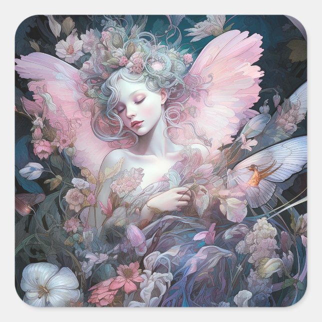 Dreamy Fairy Girl  Pink Blue Fantasy Art Square Sticker (Front)