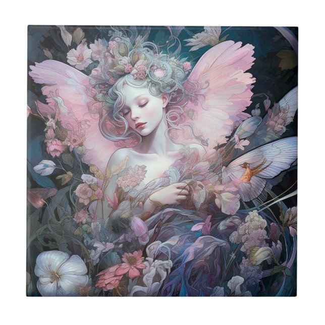 Dreamy Fairy Girl  Pink Blue Fantasy Art Tile (Front)