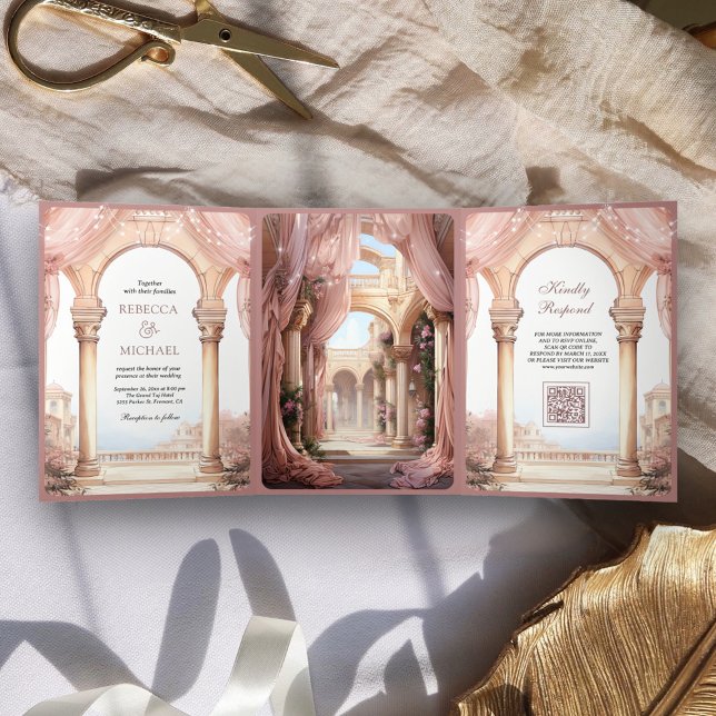 Dreamy Fairytale Palace Dusty Rose QR Code Wedding Tri-Fold Invitation (Creator Uploaded)