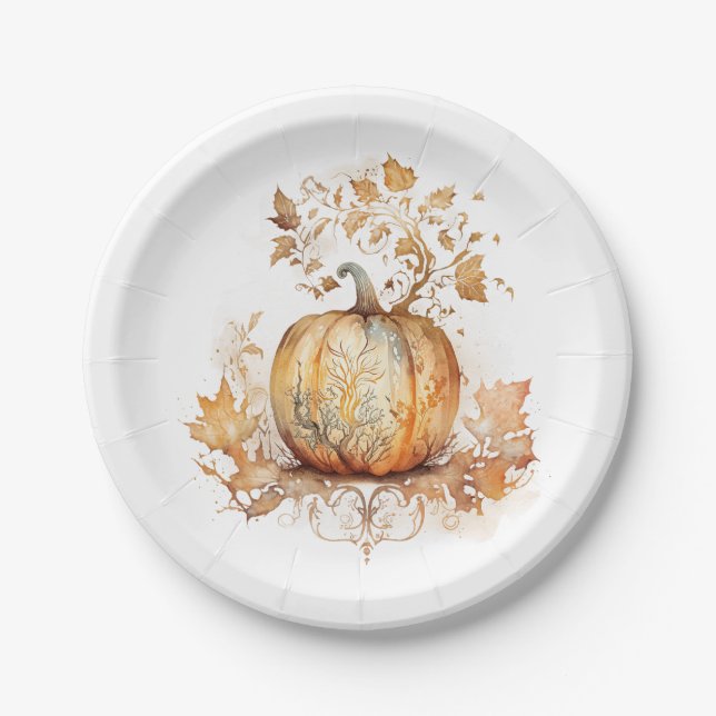Dreamy fall decoration with pumpkin and leaves  paper plate (Front)