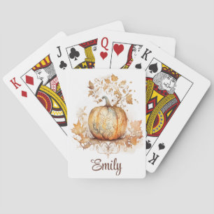 Dreamy fall decoration with pumpkin and leaves playing cards