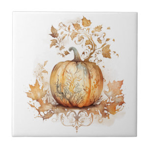 Dreamy fall decoration with pumpkin and leaves tile