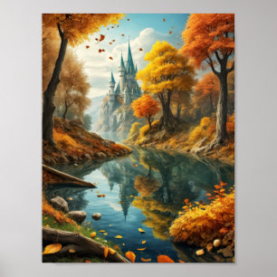 Dreamy fall landscape with magic castle and river poster