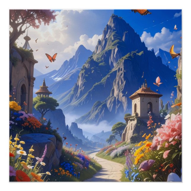 Dreamy Fantasy Landscape Tapestry – Mountains & Bl Poster (Front)