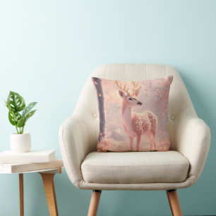 Dreamy Fawn in Pink Autumn Woods Cushion