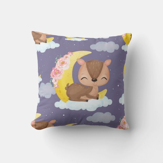Dreamy Fawn on a Crescent Moon Cushion (Front)
