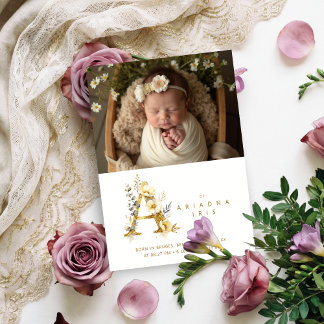 Dreamy Floral A Initial Gold Glitter Newborn Announcement