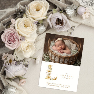 Dreamy Floral L Initial Gold Glitter Newborn Announcement