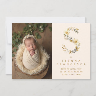 Dreamy Floral S Initial Gold Glitter Newborn Announcement