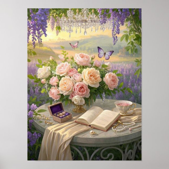 Dreamy Floral sanctuary bathed golden hour light Poster (Front)