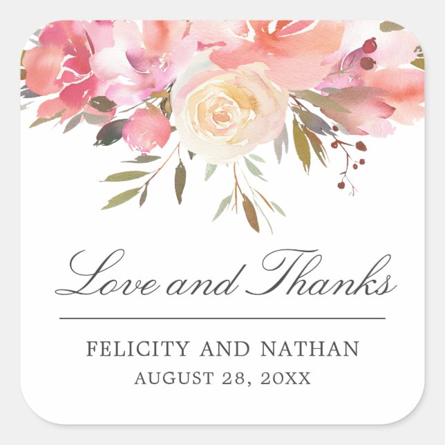 Dreamy Floral Watercolor Bouquet Thank You Square Sticker (Front)