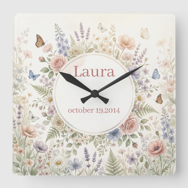 Dreamy Floral Watercolor Personalised Clock  (Front)