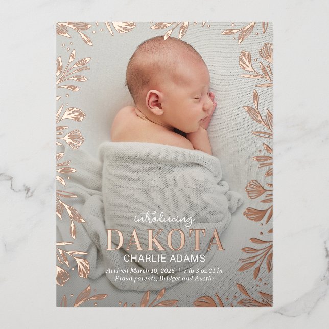 Dreamy Foliage Foil Birth Announcement Postcard (Front)