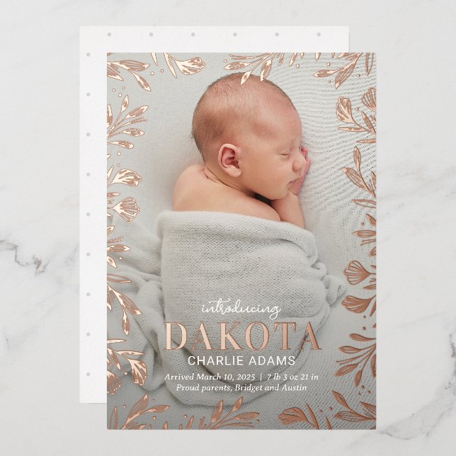 Dreamy Foliage Foil Modern Baby Birth Announcement (Front/Back)