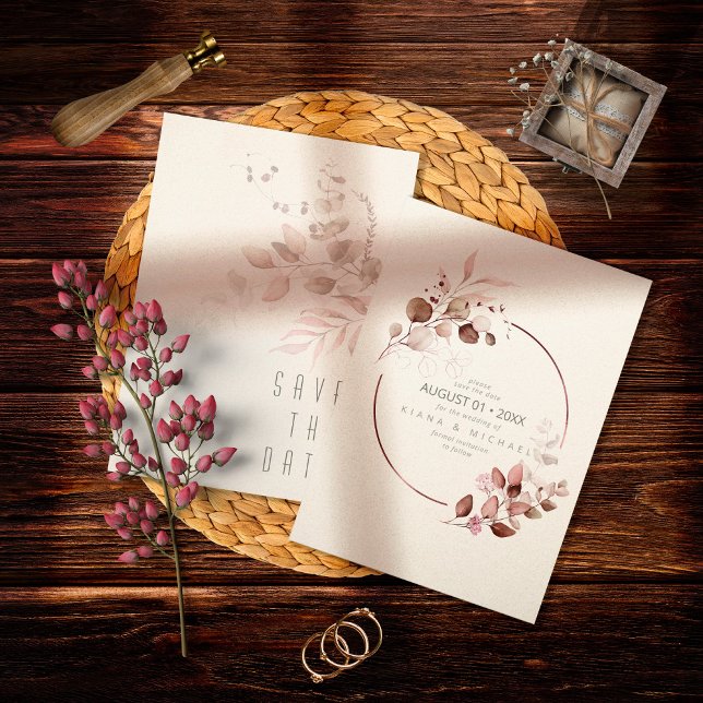 Dreamy Foliage Wedding Burgundy ID817 Save The Date (Creator Uploaded)