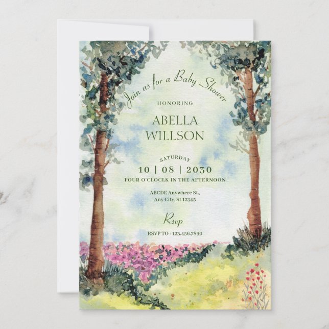 Dreamy forest woodland garden baby shower invitation (Front)