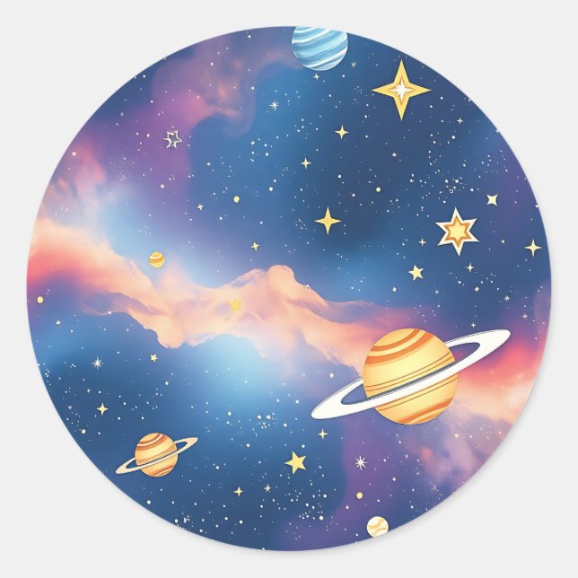 Dreamy Galaxy Planets Stars Pattern Classic Round Sticker (Front)
