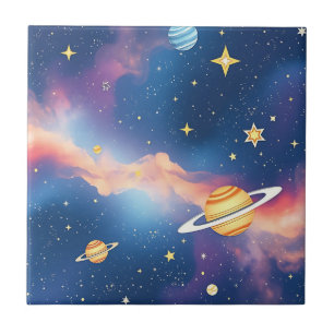 Dreamy Galaxy Planets Stars Pattern Tile