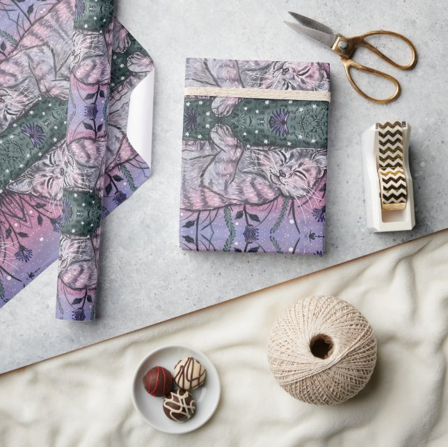  Dreamy Garden Snooze Cat Watercolour Illustration Wrapping Paper (Crafts)