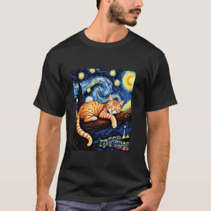 Dreamy Ginger Cat on a Tree Branch Van Gogh Starry T-Shirt