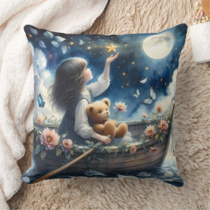 Dreamy Girl Rowing Boat Moonlit Fantasy Scene Cushion