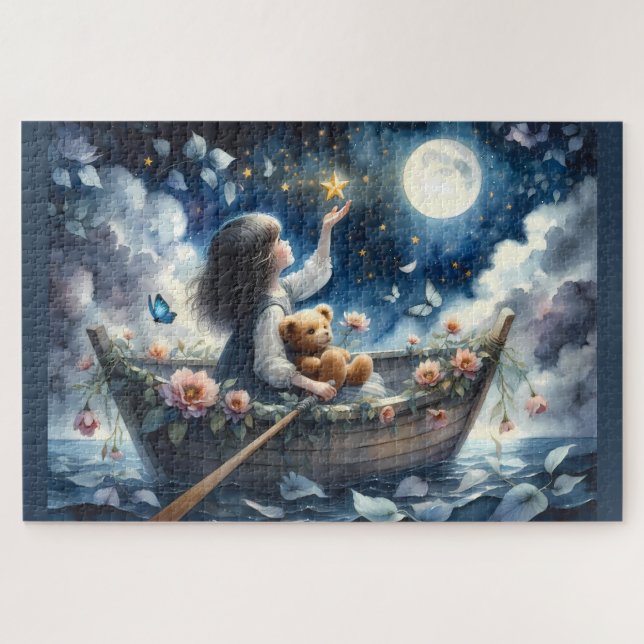 Dreamy Girl Rowing Boat Moonlit Fantasy Scene Jigsaw Puzzle (Horizontal)