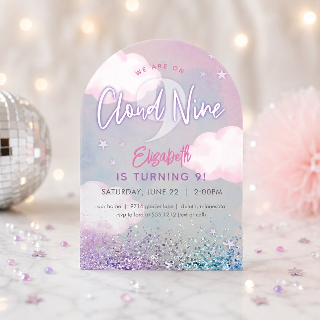 Dreamy Girly On Cloud Nine 9th Birthday  Acrylic Invitations (Dreamy Girly On Cloud Nine 9th Birthday Acrylic Invitations)