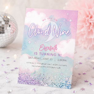 Dreamy Girly On Cloud Nine 9th Birthday Invitation