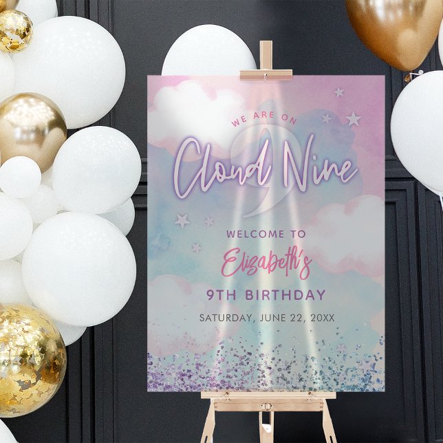 Dreamy Girly On Cloud Nine 9th Birthday Welcome Acrylic Sign (Dreamy Girly On Cloud Nine 9th Birthday Welcome Acrylic Sign)