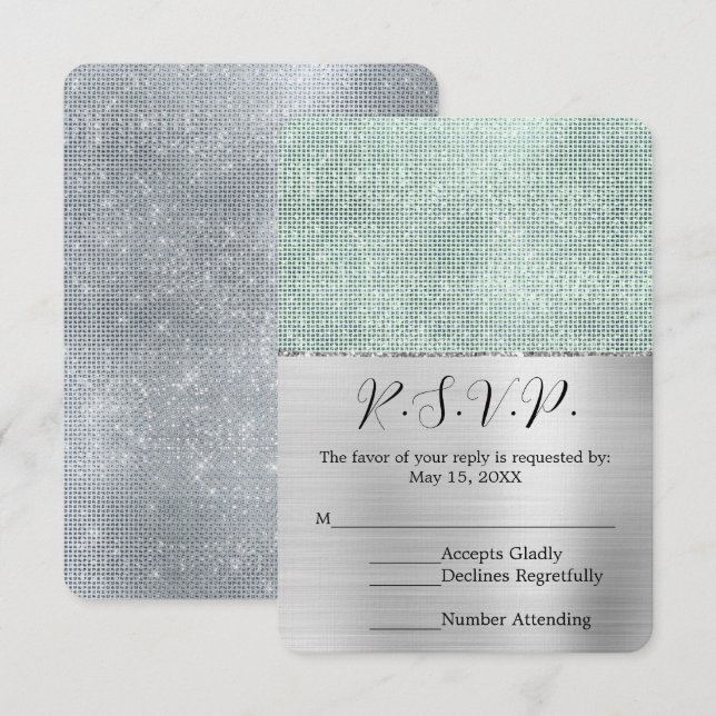 Dreamy Glitzy Silver Mint Sparkle Wedding RSVP Card (Front/Back)